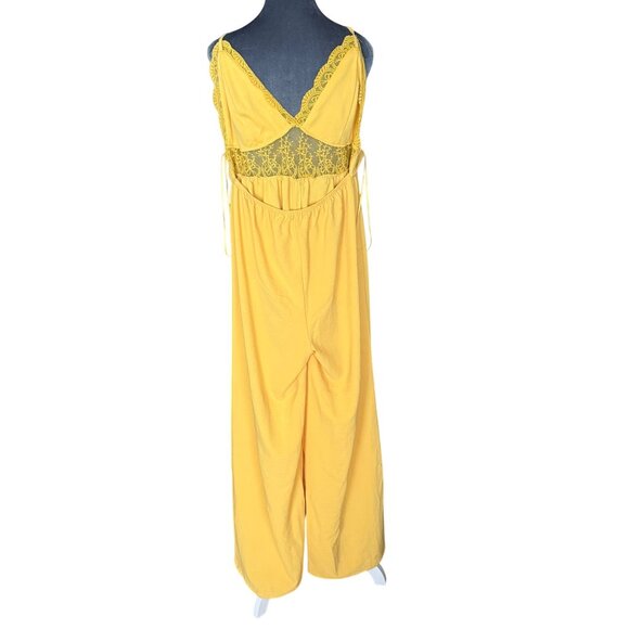 Yellow Lace Overlay Spaghetti Strap Jumpsuit With Tie Back And Sheer Waist Detai - Picture 6 of 8